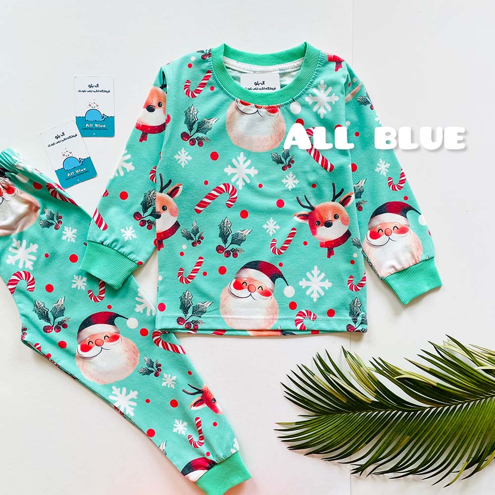 ست راحتی آستین بلند شلوار طرح بابانوئل کیوت سبزآبی 2تا7 سال(71096)